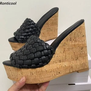 Women Mules Sandals Weave Style Cork Wedges Heels Open Toe Black White Party - Picture 1 of 5