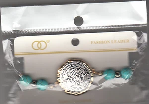Bracelet, Cross Medallion With Teal Marble Beads, 4" Stretchable, Brand New - Picture 1 of 2