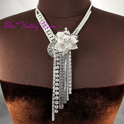 Stunning Silver Deco Lace Floral Flower Tassels Mesh Statement Crystal Necklace - Image 1 of 4