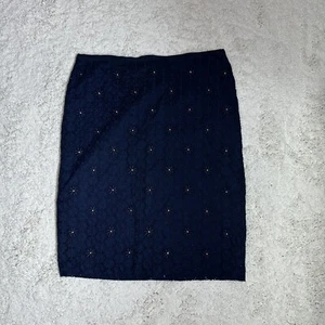 Falda lápiz Talbots azul marino con ojales ganchillo flores doradas con cuentas talla 10 para mujer - Imagen 1 de 6