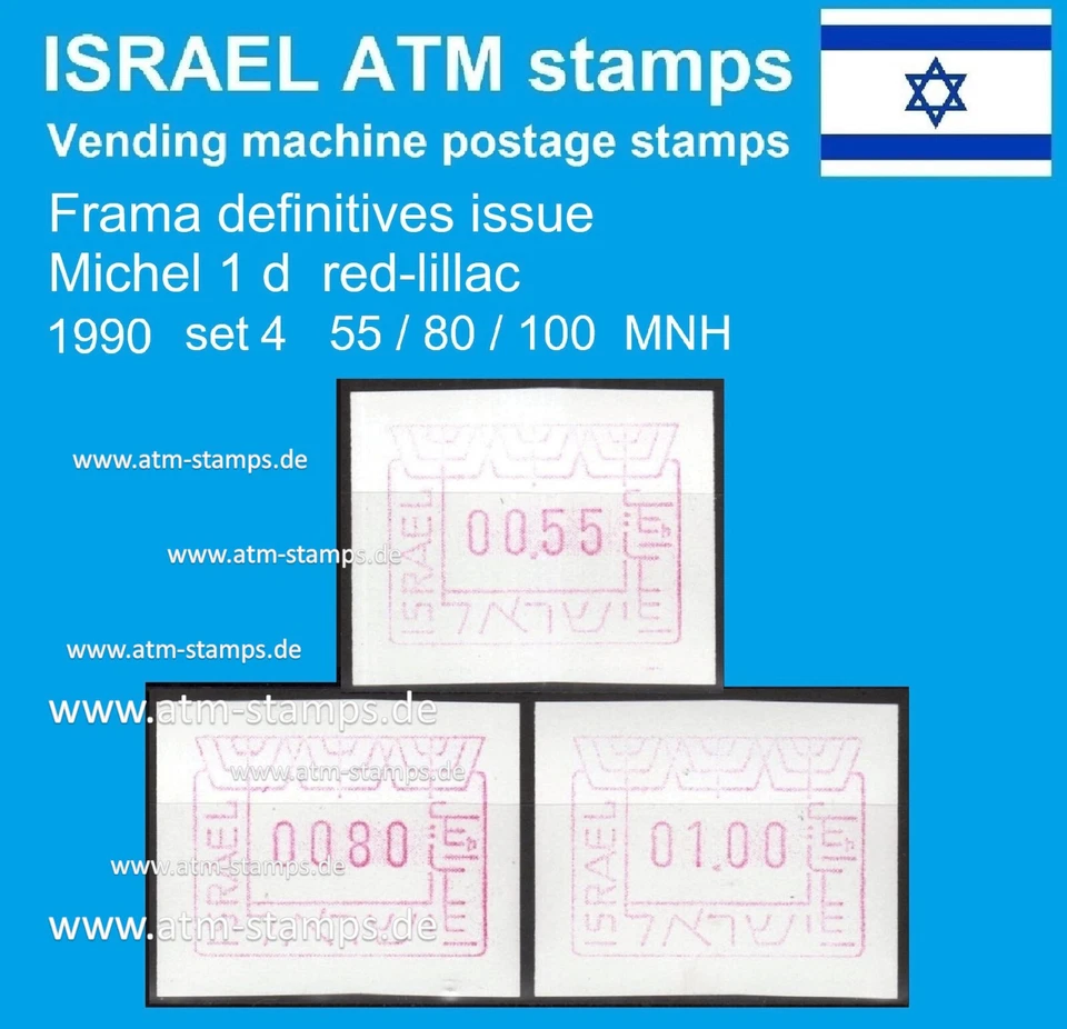 Sellos de cajero automático de Israel 1990 / Michel 1 / juego 4 / 55/80/100 MNH Frama Klussendorf CVP Foto 1 de 1
