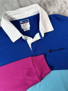 Camisa Polo Champion Para Hombre Mediana Azul Bloque de Color Rugby Manga Larga Cuello Blanco - Imagen 1 de 10
