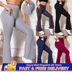Women High Waist Flared Leggings Ladies Sports Fitness Workout Trousers Pants - Picture 1 of 32