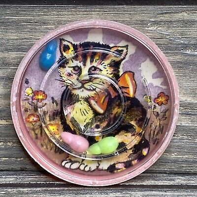 Vintage Round Plastic Handheld Maze Cat And Mouse Game 3” Made in Hong Kong