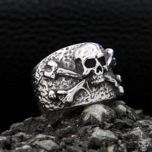 Anillos Esculpidos™ | Huesos Cruzados Calavera Pirata 316L Acero Inoxidable Punk Anillo | Joyería - Imagen 1 de 7