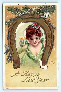 Postal Feliz Año Nuevo Mujeres Champagne Grande Herradura Buena Suerte 1908 H20 - Imagen 1 de 2