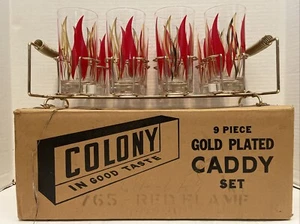Vintage/Pre-Owned*Colony 9-Piece Gold Plated Glass/Drinkware w/Caddy Set*Flame - Picture 1 of 8