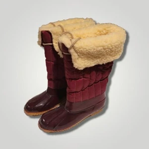 Vintage USA MOULDED CONSTRUCTION Red Fleece Lined Rubber Boots Galoshes Mod 7 - Picture 1 of 12