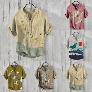 Men Shirt Art Shirt Casual Holiday Japanese Loose Regular Short Sleeve - Picture 1 of 16