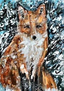 Quadro ORIGINALE ACEO volpe rossa inverno neve pino paesaggio animale natura ARTE - Foto 1 di 1