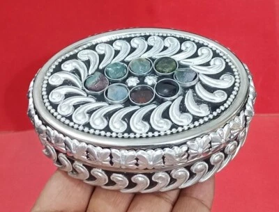 Portapillole ovale vintage in acciaio ornato multicolore pietra agata - 11 cm - Immagine 1 di 4