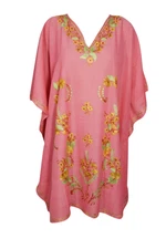 Peach Floral Hand Embellished Short Kaftan Dress Kimono V-Neck Nightwear