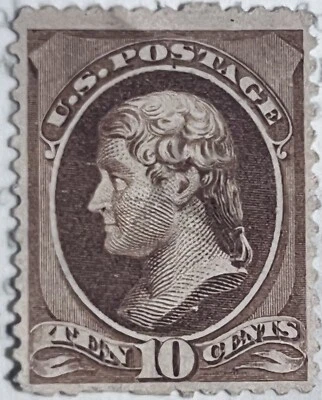 US #161 1873 JEFFERSON 10 CENTS (BROWN)  - NO GRILL- MINT NO GUM - Image 1 of 2