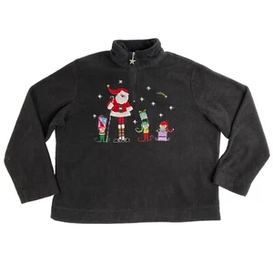 VTG Christmas Fleece Pullover Santa Clause Elves Embroidered Bell Sweater Large - Picture 1 of 4