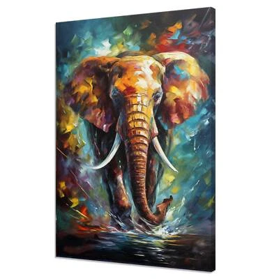 Colourful African Elephant Painting Style Modern Framed Canvas Print Wall Art - Image 1 of 4