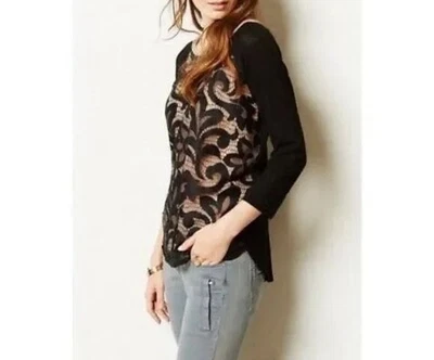 Camiseta Top Anthropologie Dolan Negra Desnudo Encaje Filigrana Manga 3/4 Blusa Talla S Foto 1 de 4