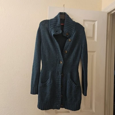 Suéter Sonoma Azul Lana Larga Línea Marrón Botón Bolsillo Frontal Acogedor Ropa de Invierno M Foto 1 de 4