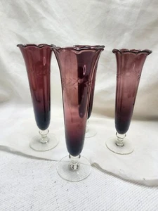 VTG Amethyst Purple Etched Blown Art Glass Footed Ruffle Edge Vase/Flute 8.25" - Picture 1 of 6