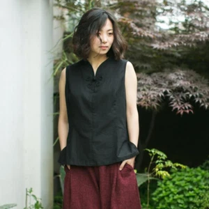 Gilet etnico donna canottiere camicie senza maniche bottoni rana sciolti camicetta retrò chic - Foto 1 di 10