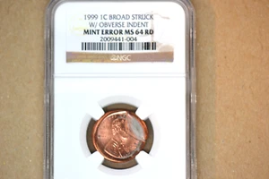 1999 Lincoln Cent- Broadstruck w/ Obverse Indent- NGC MS-64 RD. Dramatic!! - Picture 1 of 5