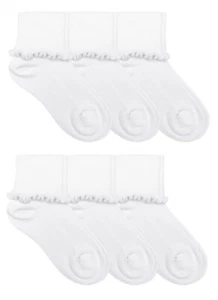 Jefferies Socks Girls School Uniform Seamless Ruffle Lace Cuff Crew Casual Socks - Picture 1 of 15