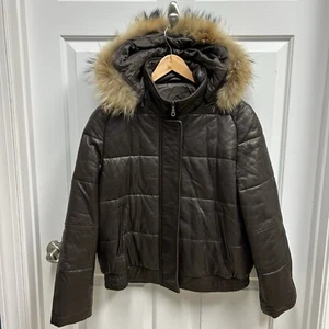 Tibor Womens Sz XL Brown Leather Coat Jacket Fur Trimmed Hood Full Zip Pockets - Picture 1 of 24