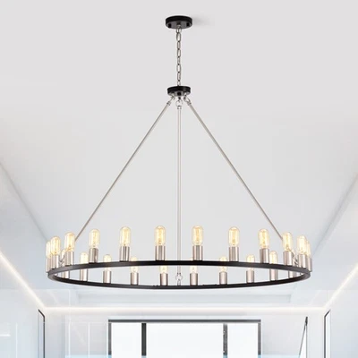 Liam Negro Mate Níquel 48 Pulgadas Rueda Vagón Redonda 24 Luces Araña Foto 1 de 4