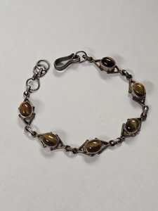 Vintage 925 Sterling Silver Tiger's Eye Bracelet 8" Long - Picture 1 of 5