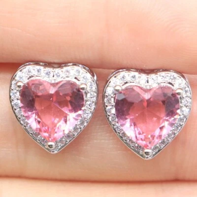 Compre 1 y obtenga 1 gratis aretes de plata con circonita cúbica rosa en forma de corazón de 2,7 g para mujer Foto 1 de 3