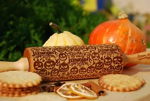 Pumpkin Embossed Rolling Pin Halloween cookie Gift Springerle mold Textured Clay - Picture 1 of 10