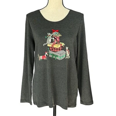 Karen Scott 大号上衣假日猫礼物长袖弹力装饰灰色 — 第 1/4 张图片