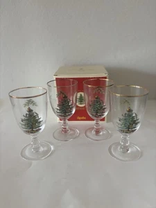 Spode Glass Christmas Tree Pedestal Water Goblets Gold Rim Set of 4 - Picture 1 of 6