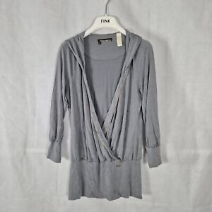 Ladies Top Size L 12 14 90s Y2K Miss Sixty Grey Stretch Open Front Hoody Long