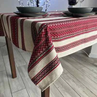 Red Linen Tablecloth "Ukrainian Ornament" – 145×250 cm, Lux Quality, Rectangular - Image 1 of 2