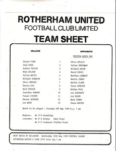 Teamsheet - Rotherham United Reserves v Preston North End Reserves 1988/9 - Picture 1 of 1