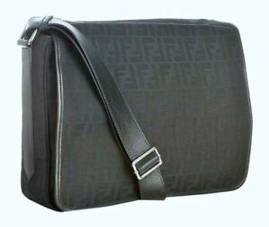 NEW Men FENDI FF Black Zucca Canvas Messenger Crossbody Leather Strap Laptop Bag