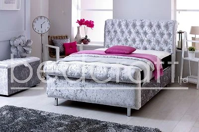 ASTRAL Crushed Velvet Sleigh Bed | Scroll Design | Hand Upholstered Chesterfield - Image 1 of 4