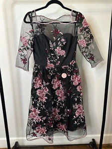 NWT Chi Chi London Adalee Black Sheer Floral Embroidered Pink Dress US 6 Medium - Picture 1 of 13