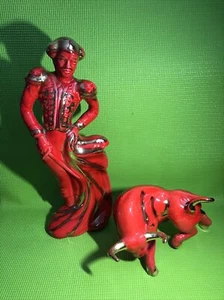 Vintage MCM Matador & Bull set Ceramic Red Gold Stunning Set 17” Tall - Picture 1 of 18