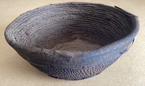 Antique 10” Native Woven Basket with Leather Hide Rim & Underside Southwest or? Cover