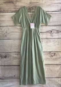 Blue Blush Jumpsuit L Womens Green Crochet Eyelet Sleeve Wide Leg Boho Hippie - Picture 1 of 15