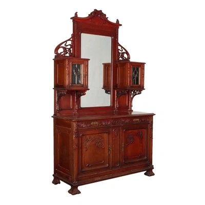 Buffet Art Nouveau Ancien Noyer Décorations Italie du XIXe Siècle Original - Photo 1/4