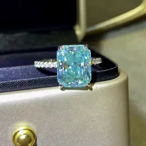 3CT Lab Created Radiant Cut Teal Blue Moissanite Ring 7x9mm 925 Sterling Silver - Picture 1 of 6
