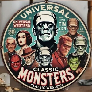 Universal Monster Mayhem Horrorfilm Symbol Blechschild 7,8” x 7,8” rund NEU - Bild 1 von 11