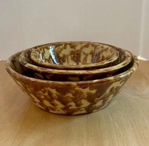 Brown Yelloware Yellow Ware Spongeware Nesting Bowls - Picture 1 of 13