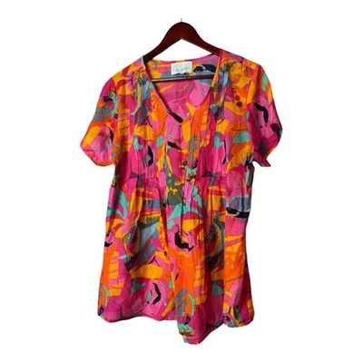 One Summer 100% cotton Vibrant Pink and Orange Abstract Blouse tunic top L - Изображение 1 из 4