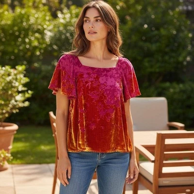Blusa Anthropologie Maeve Terciopelo Burnout XS Oro Rosa Floral Mezcla Seda Transparente Foto 1 de 4