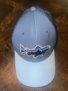 Patagonia Fitz Roy Trout Patch Snap Back Hat Cap Blue Trucker Adjustable Hiking - Picture 1 of 11