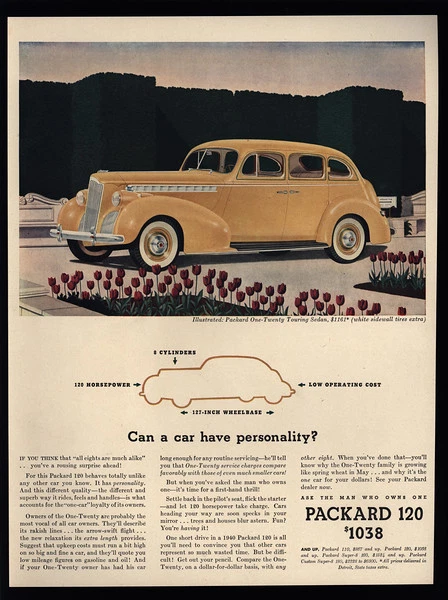 Packard 120 Touring 1940 amarillo sedán - neumáticos laterales blancos - anuncio de colección Foto 1 de 1