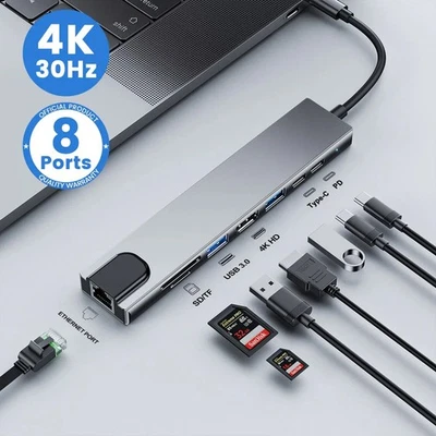 USB-C Hub 8-IN-1 Adapter 4K HDMI USB 3 LAN RJ45 Ethernet Micro SD Kartenleser DE - Bild 1 von 4